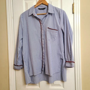 Zara Woman Blue White Embellished Trim Button Up Split Sides Preppy Office XL